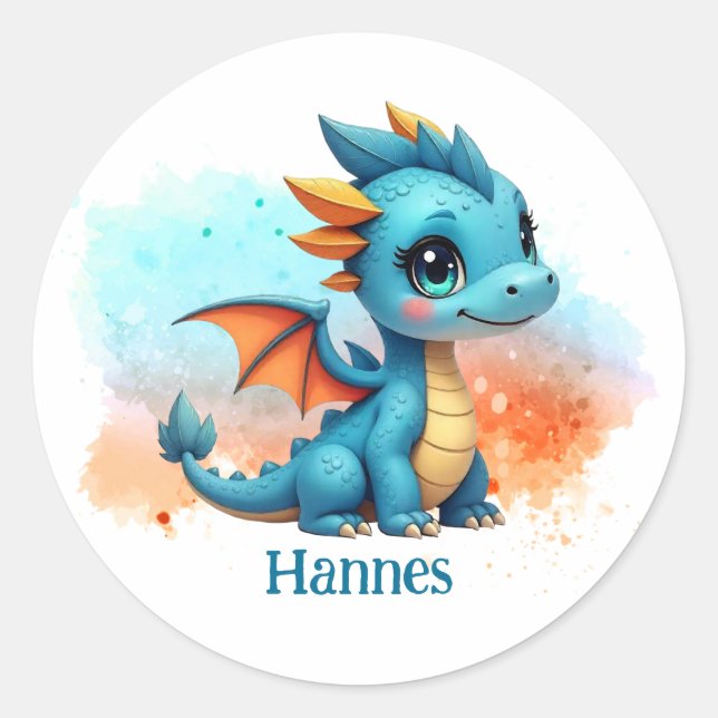 Niedlicher Babydrache blau orange Kinder Runder Aufkleber (Vorderseite)