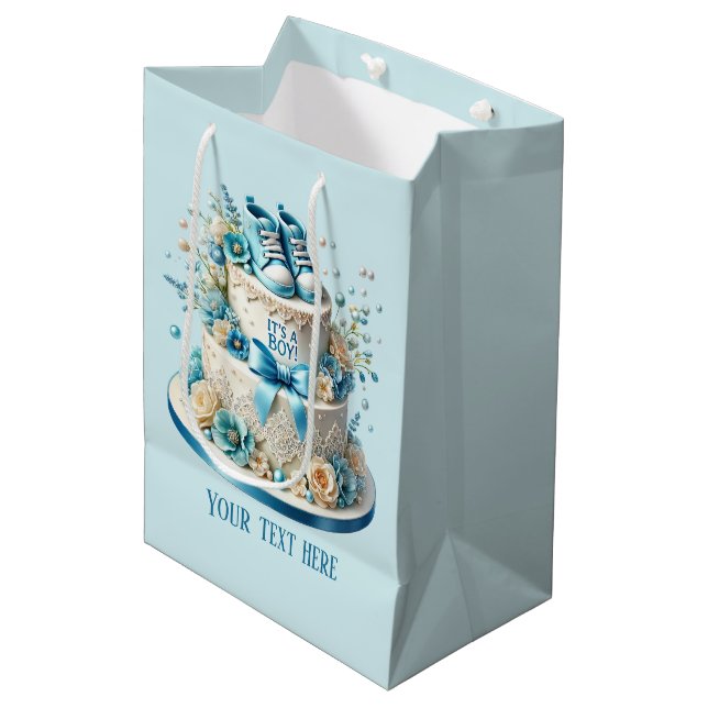 Niedlicher Babydusche Party Kuchen Mittlere Geschenktüte (Vorderseite Schrägansicht)