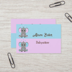 Niedlicher Babyelefant in Rosa und Blau - Babysitt Visitenkarte