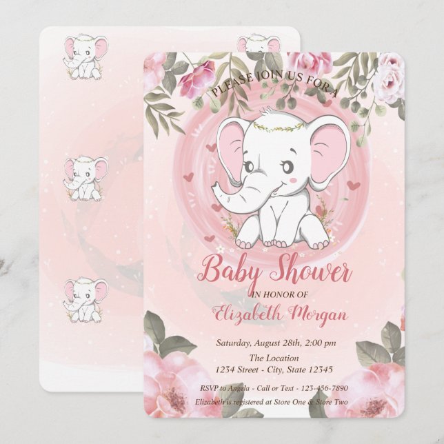 Niedlicher Babyelephant, Bloral-Baby-Dusche Einladung (Vorne/Hinten)