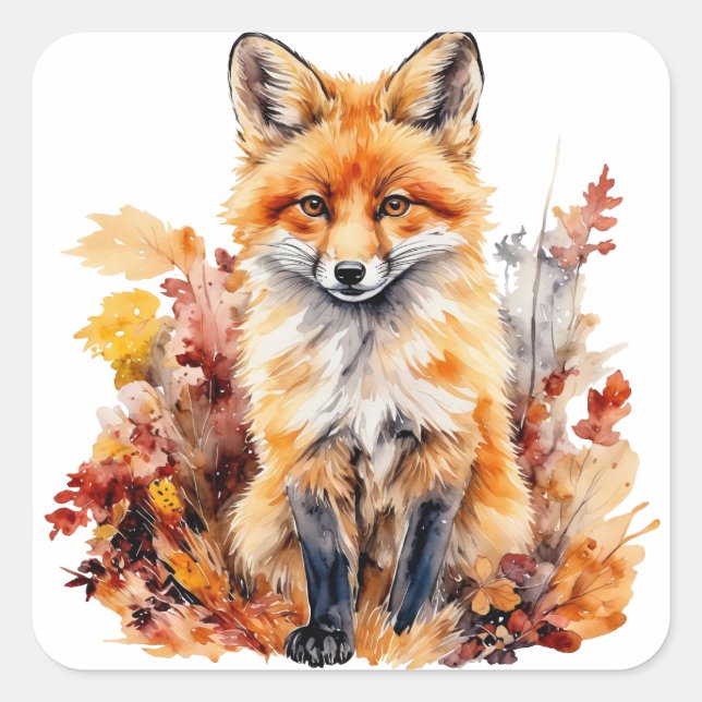 Niedlicher Babyfox und farbenfrohe Blätter Quadratischer Aufkleber (Vorderseite)