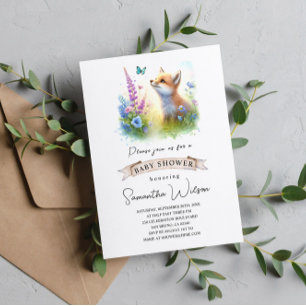 Niedlicher Babyfuchs und Butterfly-Baby-Dusche Ein Einladung