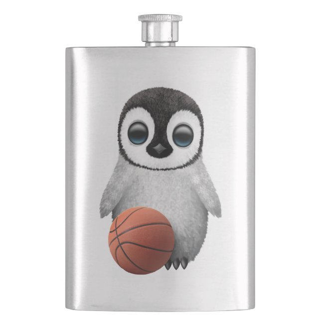 Niedlicher BabyPenguin, der mit Basketball spielt Flachmann (Vorderseite)