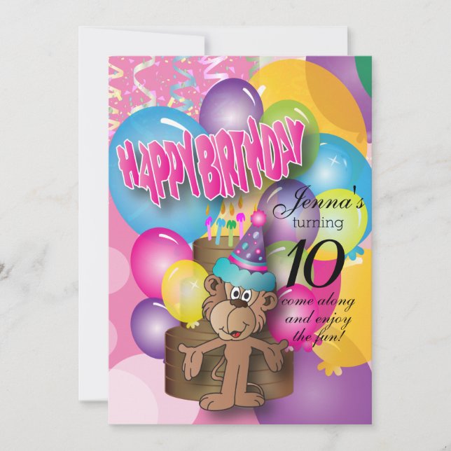 Niedlicher Ballon Monkey Pink Geburtstag Einladung (Vorderseite)