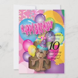 Niedlicher Ballon Monkey Pink Geburtstag Einladung