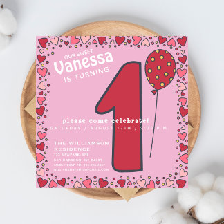 Niedlicher Ballon - Rosa Kinder 1. Geburtstag Einl Einladung