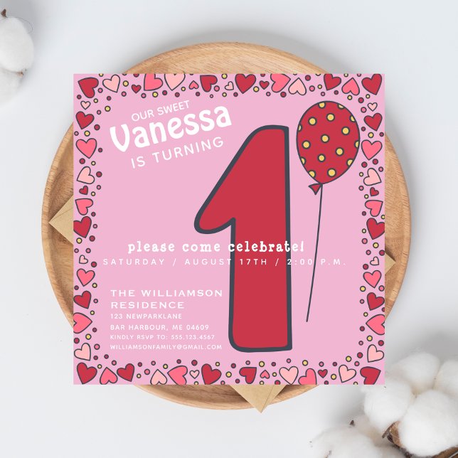 Niedlicher Ballon - Rosa Kinder 1. Geburtstag Einl Einladung (Von Creator hochgeladen)