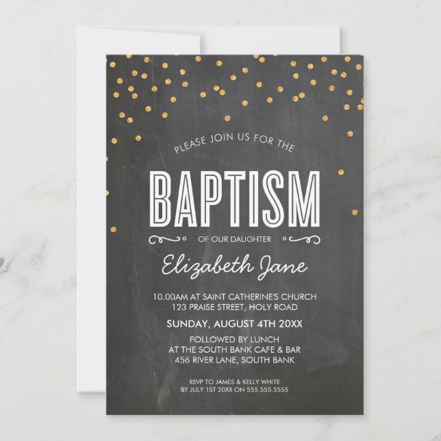NIEDLICHER BAPTISM Glitzer Konfetti auf Kalkboard Einladung (Vorderseite)
