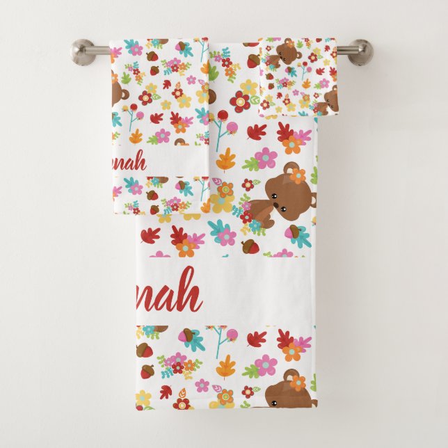 Niedlicher Bär & Blätter Baby Girl Personalisierte Badhandtuch Set (Insitu)
