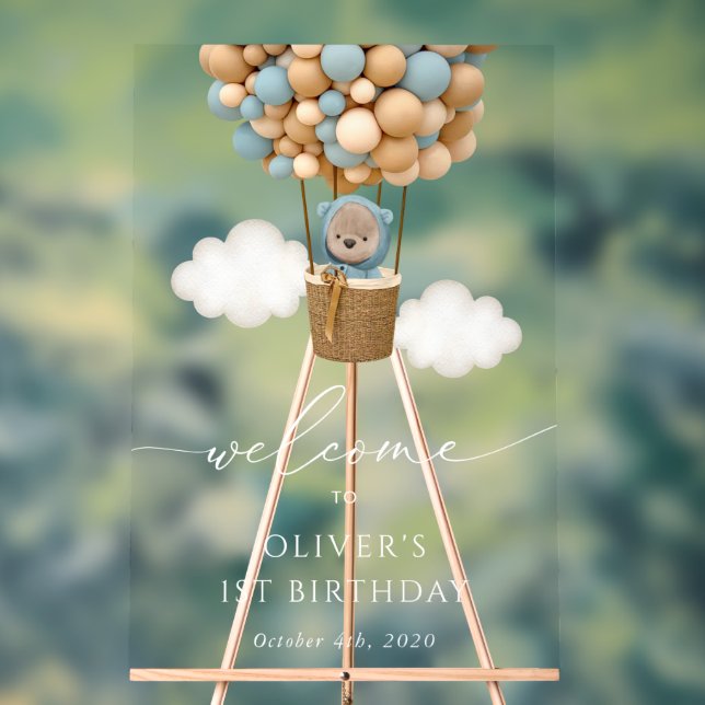 Niedlicher Bär, blaue Balkone, Erster Geburtstag W Acrylschild (Neutral)