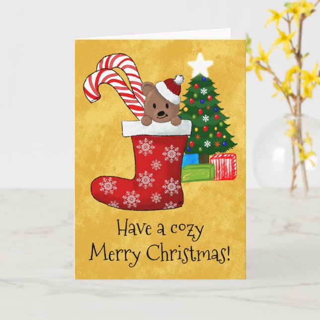Niedlicher Bär Candy Cane Weihnachtszeit Strumpf Karte (Gelbe Blume)