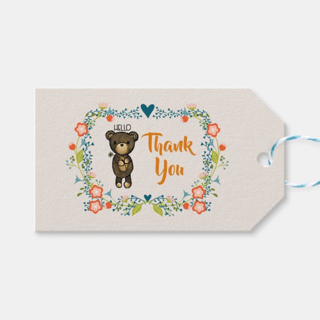 Niedlicher Bär, gelbe Blume und Blumenkranz Vielen Geschenkanhänger (Vorderseite (Horizontal))