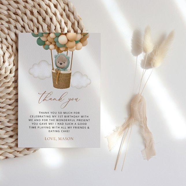 Niedlicher Bär, Grüne Balloons, erster Geburtstag Dankeskarte (Von Creator hochgeladen)