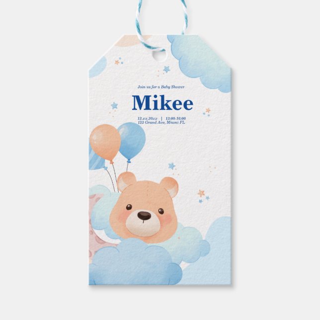 Niedlicher Bär in Clouds Kinderdusche Einladungska Geschenkanhänger (Vorderseite)