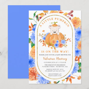 Niedlicher Bär in einem Pumpkin Boy Fall Babydusch Einladung