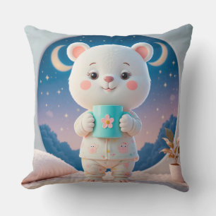 Niedlicher Bär in Pyjama hält eine Tasse Kissen