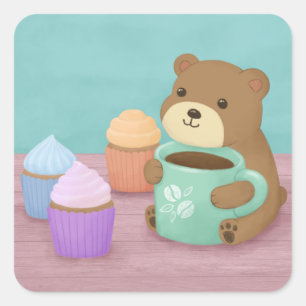 Niedlicher Bär, Kaffee und Kuchen Illustration Art Quadratischer Aufkleber
