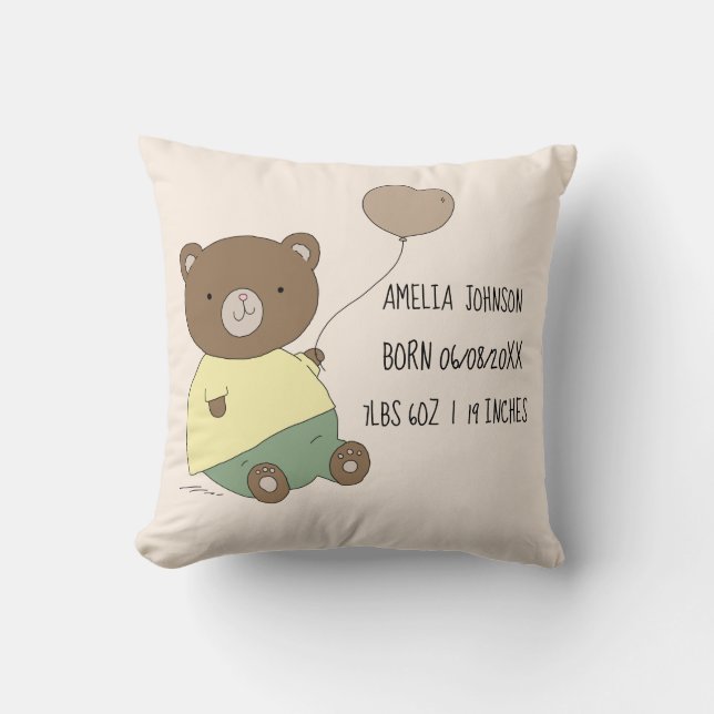 Niedlicher Bär mit Balloon Baby Birth Stats Keepak Kissen (Vorderseite)