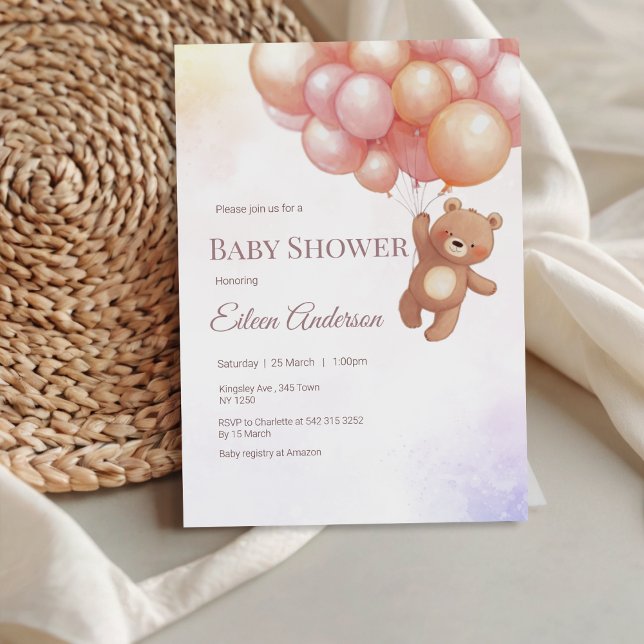 Niedlicher Bär mit Balloons Babydusche Einladung (Cute Bear with Balloons Baby Shower Invitation)