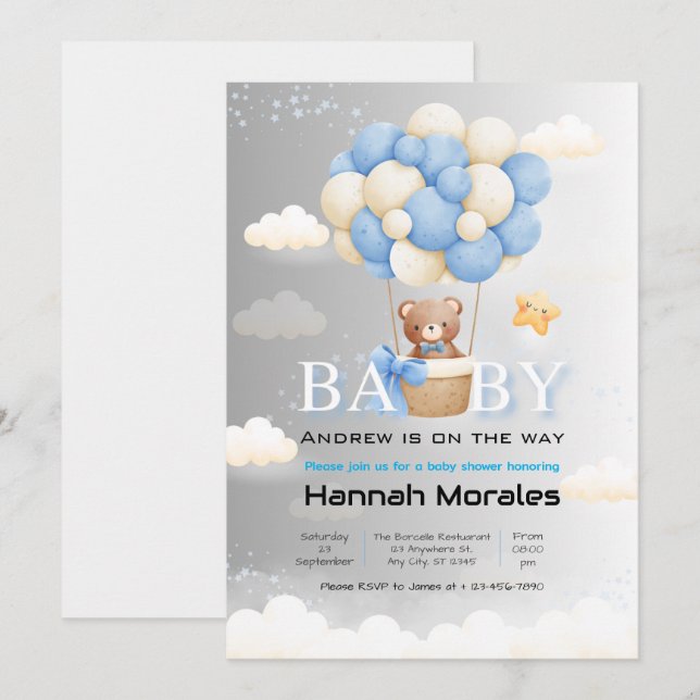 Niedlicher Bär mit Balloons DualShade Babydusche Einladung (Vorne/Hinten)
