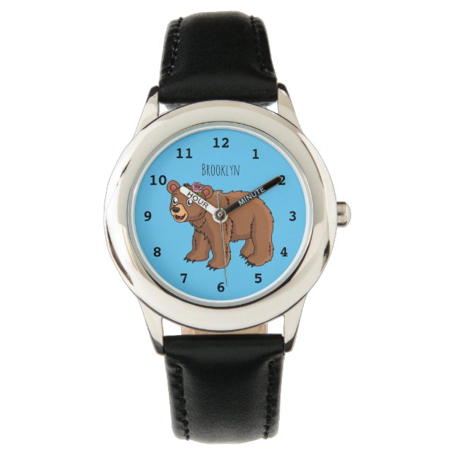 Niedlicher Bär mit Blume Cartoon Abbildung Armbanduhr (Vorderseite)
