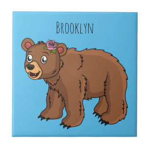 Niedlicher Bär mit Blume Cartoon Abbildung Fliese