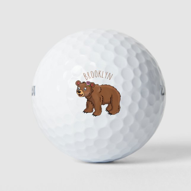 Niedlicher Bär mit Blume Cartoon Abbildung Golfball (Vorderseite)