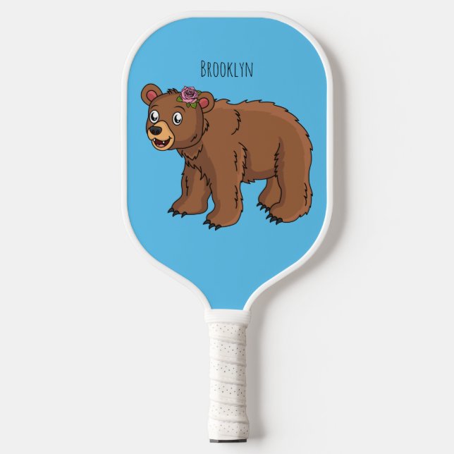 Niedlicher Bär mit Blume Cartoon Abbildung Pickleball Schläger (Vorderseite)