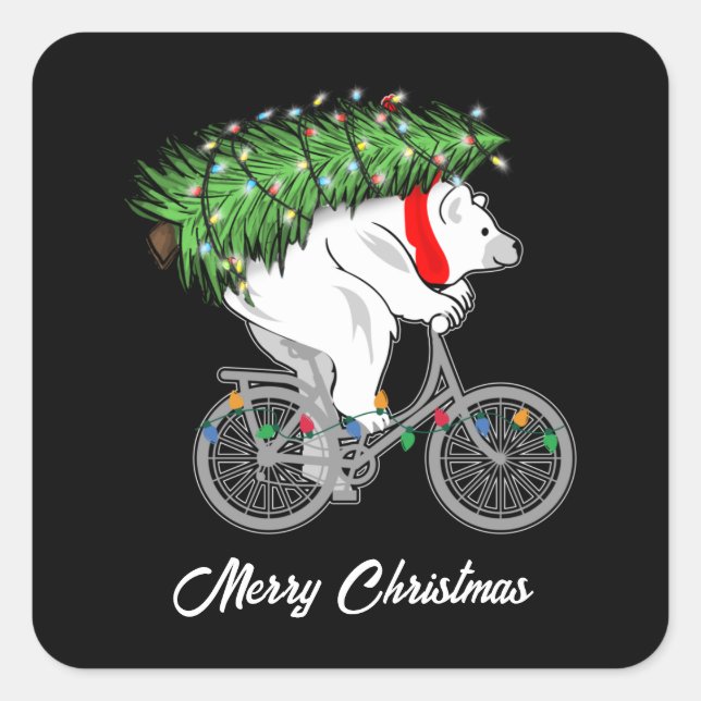 Niedlicher Bär mit Weihnachtsbaumgeschenk für Radf Quadratischer Aufkleber (Vorderseite)