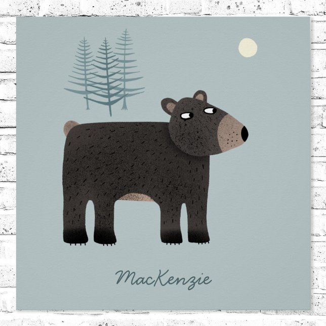 Niedlicher Bär Personalisiert Poster (Personalized cute bear, moon and woodland forest poster)