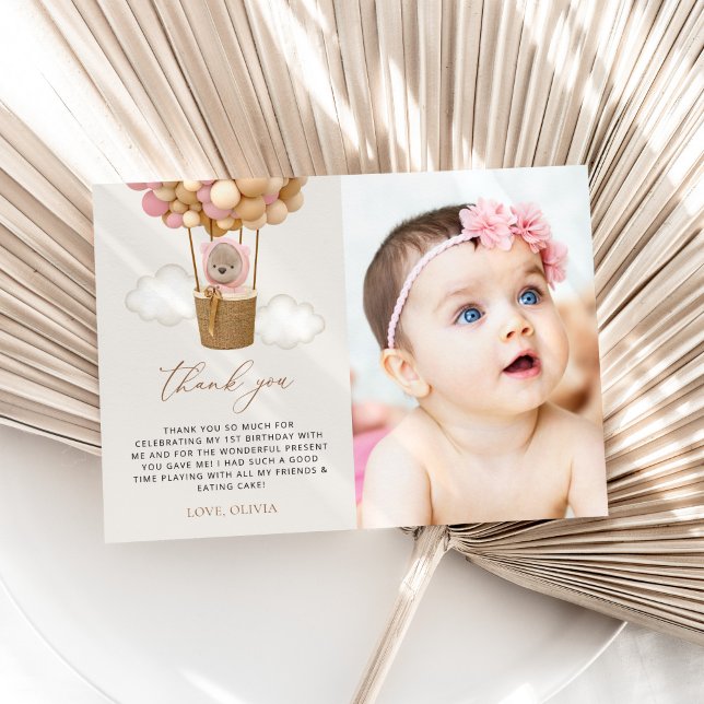 Niedlicher Bär, rosa Balloons, erster Geburtstag Dankeskarte (Von Creator hochgeladen)