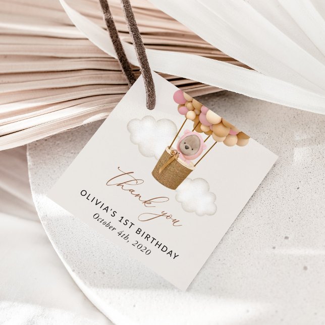 Niedlicher Bär, rosa Balloons, erster Geburtstag Geschenkanhänger (Von Creator hochgeladen)