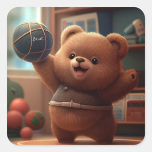 Niedlicher Bär spielt Basketball Personalisiert Quadratischer Aufkleber
