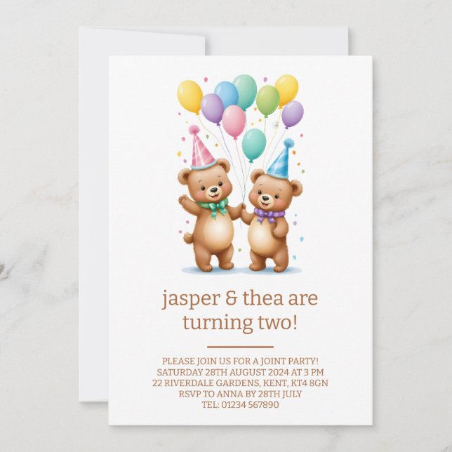 Niedlicher Bär Twins 2. Geburtstag Party Einladung (Vorderseite)