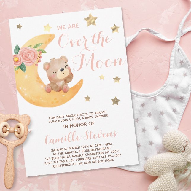 Niedlicher Bär über dem Mond BabyduschGirl Einladung (Von Creator hochgeladen)