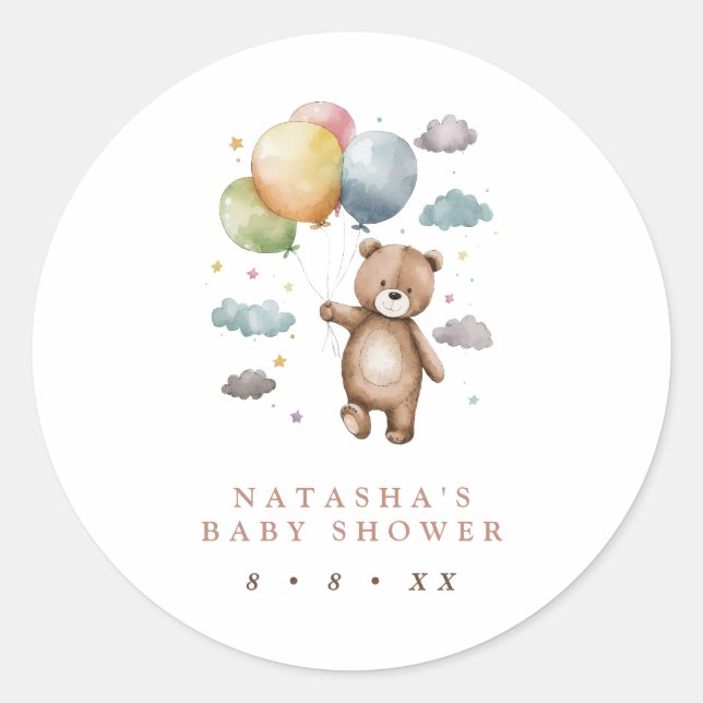 Niedlicher Bär und Balloons Baby Dusche Gefallen Runder Aufkleber (Vorderseite)