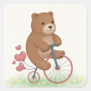 Niedlicher Bär und Hoch-Rad - Illustration Art Quadratischer Aufkleber