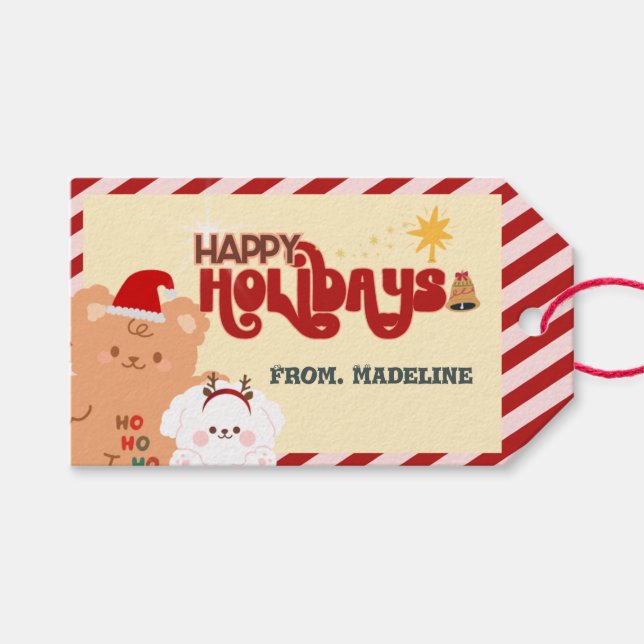 Niedlicher Bär und Hunde Weihnachten Geschenkanhänger (Vorderseite (Horizontal))