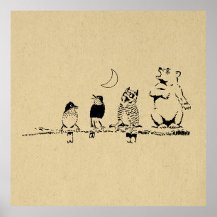 Niedlicher Bär und Vögel, die zum Mond singen – Ku Poster