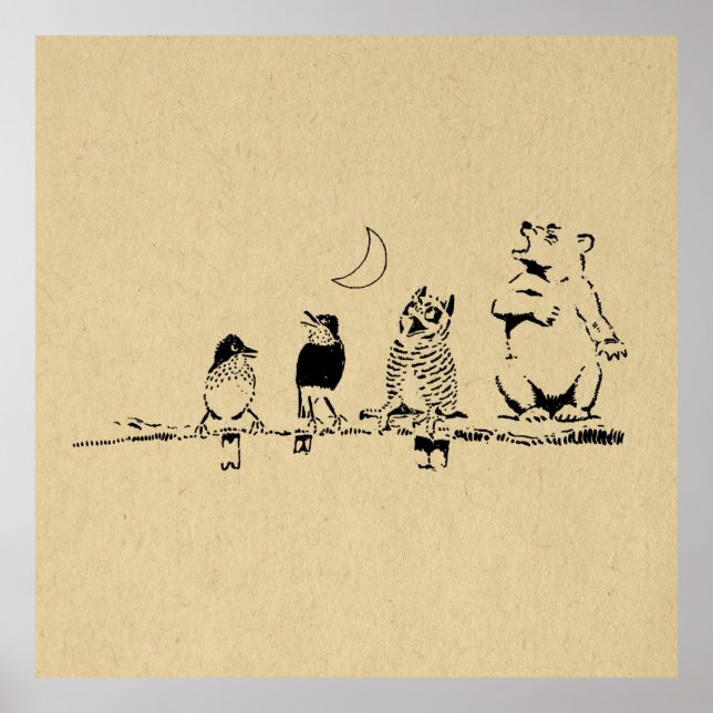 Niedlicher Bär und Vögel singen zum Mond Poster (Vorne)