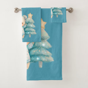 Niedlicher Bär und Weihnachtsbaum Aquamariner Urla Badhandtuch Set