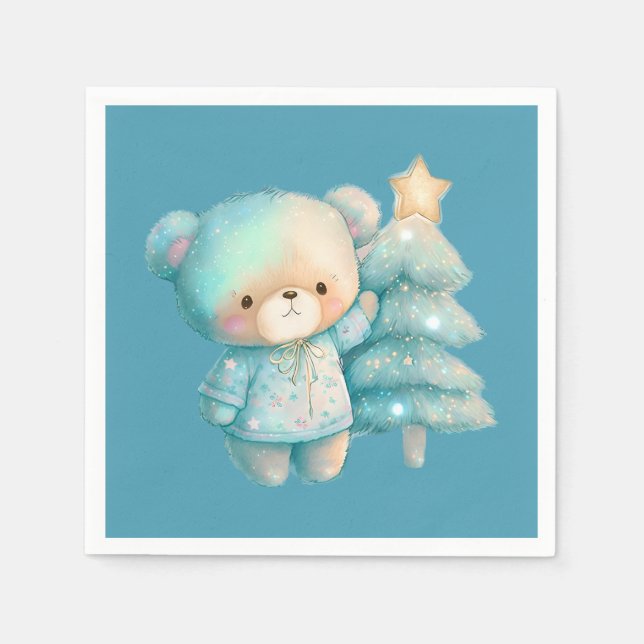 Niedlicher Bär und Weihnachtsbaum Aquamariner Urla Serviette (Vorderseite)