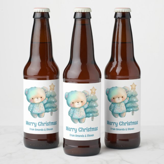 Niedlicher Bär und Weihnachtsbaum Urlaub Bierflaschenetikett (Flaschen)