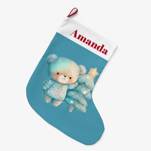 Niedlicher Bär und Weihnachtsbaum Urlaub Großer Weihnachtsstrumpf (Vorderansicht (hängend))