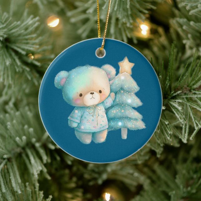 Niedlicher Bär und Weihnachtsbaum Urlaub Keramik Ornament (Baum)