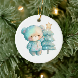 Niedlicher Bär und Weihnachtsbaum Urlaub Keramik Ornament