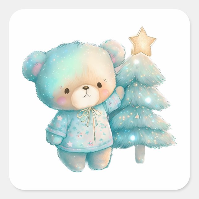 Niedlicher Bär und Weihnachtsbaum Urlaub Quadratischer Aufkleber (Vorderseite)