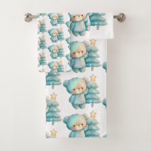 Niedlicher Bär und Weihnachtsbaum Urlaubsmuster Badhandtuch Set