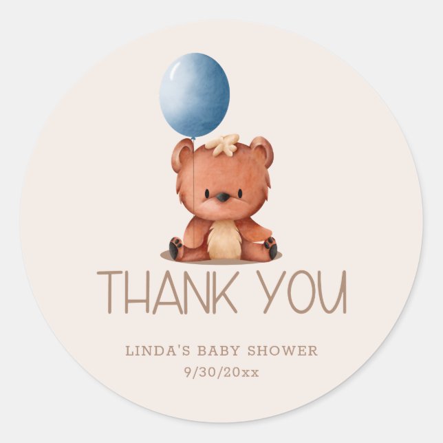 Niedlicher Bärenballon Danke Babydusche Runder Aufkleber (Vorderseite)