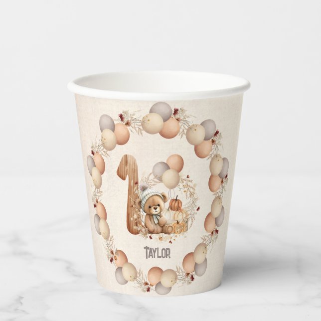 Niedlicher Bärenfall Beary 1 Geburtstag Paper Cups Pappbecher (Vorderseite)